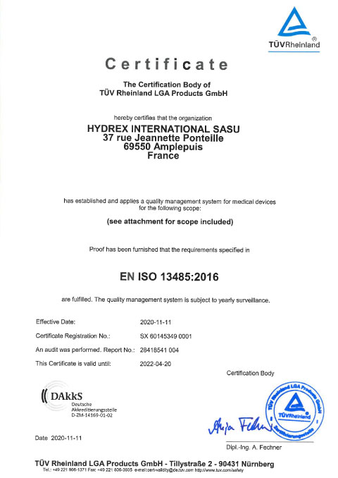 Certificat Hydrex International 2020-2022 ISO 13485 V 2016